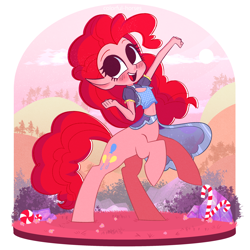 Size: 2500x2500 | Tagged: safe, artist:syrupyyy, imported from derpibooru, pinkie pie, anthro, centaur, blushing, candy, candy cane, centaur pie, centaurified, choker, clothes, elf ears, female, food, high res, midriff, open mouth, peppermint, shirt, skirt, solo, species swap