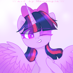 Size: 1200x1200 | Tagged: safe, artist:memengla, imported from derpibooru, twilight sparkle, alicorn, pony, bow, chest fluff, grin, hair bow, one eye closed, smiling, solo, sparkly eyes, twilight sparkle (alicorn), wingding eyes, wink