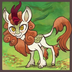 Size: 2048x2048 | Tagged: safe, artist:catscratchpaper, imported from derpibooru, autumn blaze, kirin, blushing, eyelashes, female, freckles, high res, looking at you, smiling, smiling at you, solo, style emulation, wolfwalkers
