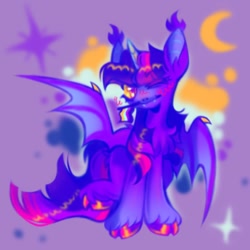 Size: 1316x1316 | Tagged: safe, artist:occultusion, artist:onionpwder, imported from derpibooru, twilight sparkle, alicorn, bat pony, bat pony alicorn, pony, bat ponified, bat wings, blushing, horn, mouth hold, nonbinary pride flag, one eye closed, pride, pride flag, race swap, solo, twibat, twilight sparkle (alicorn), unshorn fetlocks, wings, wink