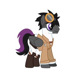 Size: 280x280 | Tagged: safe, artist:sayo yunno, imported from derpibooru, oc, oc only, oc:sayo yunno, pegasus, pony, boots, clothes, coat, folded wings, goggles, jacket, looking at something, male, pants, pegasus oc, pinterest, pocket, profile, shirt, shoes, simple background, smiling, solo, stallion, straps, two toned tail, white background, wings