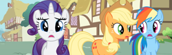 Size: 2345x758 | Tagged: safe, edit, edited screencap, imported from derpibooru, screencap, applejack, rainbow dash, rarity, earth pony, pegasus, pony, unicorn, a bird in the hoof, season 1, female, looking at each other, open mouth, panorama, trio