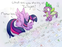 Size: 1360x1036 | Tagged: safe, artist:nedemai, imported from derpibooru, spike, twilight sparkle, alicorn, dragon, pony, atg 2021, cute, female, flower, male, mare, memories, newbie artist training grounds, smiling, spread wings, twiabetes, twilight sparkle (alicorn), winged spike, wings