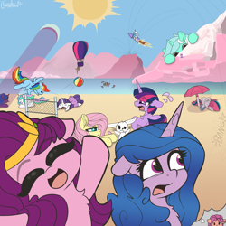 Size: 2000x2000 | Tagged: safe, artist:llametsul, imported from derpibooru, angel bunny, fluttershy, izzy moonbow, lyra heartstrings, pipp petals, princess celestia, princess luna, rainbow dash, rarity, starlight glimmer, sunny starscout, trixie, twilight sparkle, zipp storm, alicorn, earth pony, pegasus, pony, rabbit, shark, unicorn, :p, adorapipp, angel is a bunny bastard, animal, ball, beach, beach ball, body swap, celestia is not amused, clothes, cute, dress, eclipse, eyes closed, faic, female, floppy ears, fluttershy is not amused, frown, g5, giant pony, giantess, high res, hot air balloon, lidded eyes, lunabetes, macro, mare, moon, moon work, mountain, open mouth, open smile, panic, passed out, peeking, raised eyebrow, relaxing, rocket, royal sisters, royal sisters (g5), sand, shade, sibling rivalry, siblings, signature, silly, sisters, sky, smiling, smug, smugdash, sports, sun, sunny and her heroine, surrounded, sweat, sweatdrops, tongue out, toy interpretation, trixie's rocket, umbrella, unamused, unicorn twilight, volleyball, water