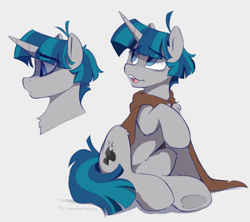 Size: 1695x1502 | Tagged: safe, artist:crimmharmony, imported from derpibooru, pony of shadows, stygian, pony, unicorn, bust, cape, chest fluff, clothes, colored sketch, cute, eye clipping through hair, eyebrows, eyebrows visible through hair, horn, looking back, male, open mouth, portrait, simple background, sitting, solo, solo male, stallion, stygianbetes, underhoof, white background, worried, worried smile