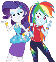 Size: 2688x2944 | Tagged: safe, artist:sketchmcreations, imported from derpibooru, rainbow dash, rarity, equestria girls, equestria girls series, holidays unwrapped, spoiler:eqg series (season 2), alternate clothes, bracelet, clothes, dashing through the mall, duo, female, geode of shielding, grin, hand on hip, happy, high res, jersey, jewelry, lidded eyes, magical geodes, peace sign, rarity peplum dress, simple background, skirt, smiling, transparent background, vector