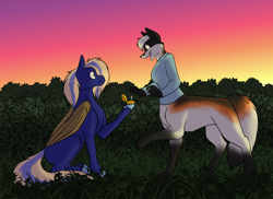 Size: 1000x727 | Tagged: safe, artist:foxenawolf, imported from derpibooru, oc, oc only, oc:alexa mountaineer, oc:penumbra path, anthro, bat pony, pony, fanfic:cosmic lotus, clothes, duo, fanfic art, female, foxtaur, jewelry, male, ring, shirt, wedding ring, wings