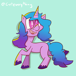 Size: 2000x2000 | Tagged: safe, artist:captdraws, imported from derpibooru, izzy moonbow, pony, unicorn, spoiler:my little pony: a new generation, blue background, cute, g5, high res, izzybetes, my little pony: a new generation, open mouth, raised hoof, signature, simple background, solo, unshorn fetlocks