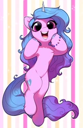 Size: 2136x3272 | Tagged: safe, alternate version, artist:vensual99, imported from derpibooru, izzy moonbow, pony, unicorn, abstract background, bracelet, chest fluff, cute, female, g5, high res, izzybetes, jewelry, looking at you, mare, open mouth, solo, surprised, unshorn fetlocks