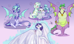 Size: 5000x3000 | Tagged: source needed, safe, artist:bunnari, imported from derpibooru, opalescence, rarity, spike, dracony, dragon, hybrid, pony, clothes, dress, female, interspecies offspring, male, offspring, older, older spike, parent:rarity, parent:spike, parents:sparity, shipping, sparity, straight, wedding dress