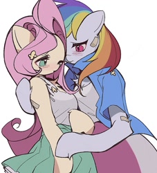 Size: 949x1044 | Tagged: safe, artist:dengdengbobo, imported from derpibooru, fluttershy, rainbow dash, anthro, blushing, clothes, duo, female, flutterdash, holding hooves, hug, jacket, lesbian, shipping, simple background, skirt, white background, wingless, wingless anthro