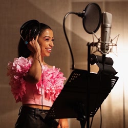 Size: 985x985 | Tagged: safe, imported from derpibooru, human, female, g5, instagram, irl, irl human, liza koshy, microphone, my little pony: a new generation, no pony, photo, recording studio, voice actor