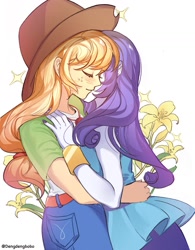 Size: 1177x1506 | Tagged: safe, artist:dengdengbobo, imported from derpibooru, applejack, rarity, human, equestria girls, equestria girls series, applejack's hat, blushing, clothes, cowboy hat, dress, duo, eyes closed, female, flower, geode of super strength, hat, hug, lesbian, magical geodes, rarijack, rarity peplum dress, shipping, simple background, white background