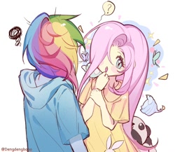 Size: 1126x979 | Tagged: safe, artist:dengdengbobo, imported from derpibooru, fluttershy, rainbow dash, bear, bird, butterfly, human, panda, equestria girls, blush sticker, blushing, clothes, duo, female, hair over one eye, question mark, shirt, simple background, sweater, white background