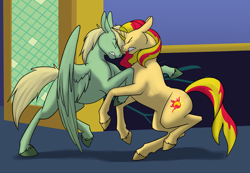 Size: 1000x692 | Tagged: safe, artist:foxenawolf, imported from derpibooru, sunset shimmer, oc, oc:mark wells, pegasus, pony, unicorn, fanfic:off the mark, blonde hair, bonk, clumsy, crash, cutie mark, duo, eyes closed, fanfic art, green fur, spread wings, wings, yellow fur