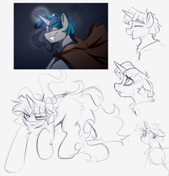 Size: 1970x2050 | Tagged: safe, artist:crimmharmony, imported from derpibooru, pony of shadows, stygian, pony, unicorn, angry, cloak, clothes, crying, happy, looking at you, male, sketch, sketch dump, smiling, solo, stallion