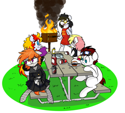 Size: 3008x2714 | Tagged: safe, artist:thegamefilmguruman, imported from derpibooru, oc, oc:alter ego, oc:artyom, oc:commissar junior, oc:ela, oc:roxxi, oc:tempest ja, altenior, apron, burnt, clothes, fire, goggles, high res, parent:oc:alter ego, parent:oc:commissar junior, parents:altenior, picnic