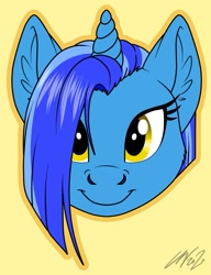 Size: 1065x1385 | Tagged: safe, artist:kerijiano, imported from derpibooru, oc, oc only, oc:sight unseen, pony, unicorn, blue fur, blue mane, ear fluff, female, headshot commission, horn, icon, mare, signature, simple background, smiling, solo, straight mane, unicorn oc, yellow background, yellow eyes