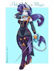 Size: 1800x2400 | Tagged: safe, artist:ambris, imported from derpibooru, rarity, anthro, classical unicorn, unguligrade anthro, unicorn, adventuring is magic, alternate hairstyle, bard, belly button, bodysuit, boots, breasts, busty rarity, clothes, cloven hooves, colored pupils, dungeons and dragons, fantasy class, female, leonine tail, leotard, looking at you, multiple variants, pen and paper rpg, rapier, redraw, rogue, rpg, shoes, smiling, smirk, solo, sword, thigh boots, unshorn fetlocks, weapon