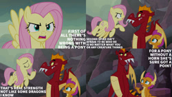 Size: 1280x720 | Tagged: safe, edit, edited screencap, editor:quoterific, imported from derpibooru, screencap, fluttershy, garble, smolder, dragon, pegasus, pony, season 9, sweet and smoky, spoiler:s09, angry, dragoness, duo, eyes closed, female, flying, implied spike, male, mare, open mouth, solo, spread wings, teeth, trio, wings
