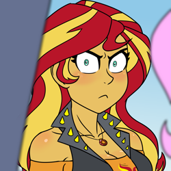 Size: 1417x1417 | Tagged: safe, artist:nsfani21, imported from derpibooru, fluttershy, sunset shimmer, equestria girls, equestria girls series, rollercoaster of friendship, angry, blushing, breasts, busty sunset shimmer, clothes, explicit source, female, female focus, geode of empathy, if looks could kill, looking at you, magical geodes, solo focus, vest