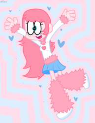 Size: 1418x1836 | Tagged: safe, artist:spritecranbirdie, imported from derpibooru, oc, oc only, oc:fluffle puff, human, equestria girls, clothes, equestria girls-ified, female, heart, humanized, humanized oc, miniskirt, pink hair, skirt, solo, sweater