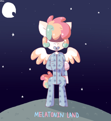 Size: 1336x1456 | Tagged: safe, artist:spritecranbirdie, imported from derpibooru, oc, oc only, oc:al kohal, pegasus, pony, anorexic, bipedal, clothes, covered eyes, ethereal mane, freckles, male, moon, multicolored hair, night, onesie, pacifier, pajamas, solo, standing, starry mane, stars, text, two toned wings, wings
