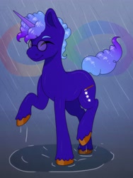 Size: 3000x4000 | Tagged: safe, artist:incendiaryboobs, artist:incendiarymoth, imported from derpibooru, oc, oc only, oc:indigo rainstar, pony, unicorn, glasses, male, rain, solo, stallion