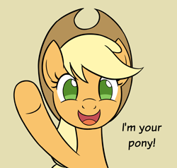 Size: 2000x1900 | Tagged: safe, artist:sazanamibd, imported from derpibooru, applejack, earth pony, pony, female, looking at you, mare, no pupils, open mouth, open smile, raised leg, simple background, smiling, solo, talking to viewer, text, underhoof, waving