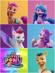 Size: 1500x1999 | Tagged: safe, edit, edited screencap, imported from derpibooru, screencap, hitch trailblazer, izzy moonbow, pipp petals, sunny starscout, zipp storm, earth pony, pegasus, pony, unicorn, 3d, female, g5, male, mane five (g5), mare, my little pony logo, my little pony: a new generation, my little pony: a new generation logo, stallion