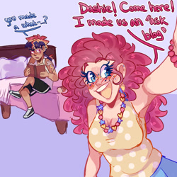 Size: 640x640 | Tagged: safe, artist:anxioussrat, artist:ask-pinkiedash-au, imported from derpibooru, pinkie pie, rainbow dash, human, alternate hairstyle, bed, blanket, blushing, breasts, clothes, dark skin, ear piercing, earring, female, humanized, jewelry, lesbian, necklace, open mouth, piercing, pinkiedash, shipping, shorts, tanktop, tattoo