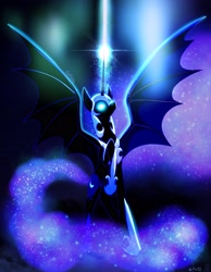 Size: 2359x3043 | Tagged: safe, artist:rainblueart, imported from derpibooru, nightmare moon, alicorn, pony, bat wings, female, glowing eyes, high res, magic, mare, solo, wings