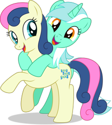 Size: 3277x3659 | Tagged: safe, artist:thatusualguy06, imported from derpibooru, bon bon, lyra heartstrings, sweetie drops, earth pony, pony, unicorn, adorabon, background pony, base used, best friends, cute, duo, duo female, female, high res, leaning, lyrabetes, mare, open mouth, open smile, raised hoof, simple background, smiling, transparent background, vector