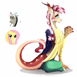 Size: 3543x3543 | Tagged: safe, artist:buvanybu, imported from derpibooru, discord, fluttershy, draconequus, hybrid, pony, fusion, high res, simple background, symbol, white background