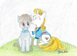 Size: 1280x933 | Tagged: safe, artist:pianoflagerag, imported from derpibooru, oc, oc only, oc:flaxen smallharp, oc:guiding light, pony, unicorn, atg 2021, blushing, hill, love, newbie artist training grounds, romance, traditional art