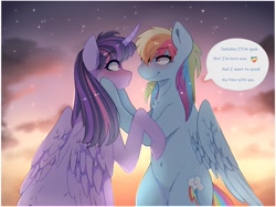 Size: 2088x1564 | Tagged: safe, artist:aaa-its-spook, imported from derpibooru, rainbow dash, twilight sparkle, alicorn, pegasus, pony, belly button, blushing, chest fluff, female, hooves on cheeks, lesbian, looking at each other, shipping, smiling, twidash, twilight sparkle (alicorn)