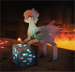Size: 1704x1644 | Tagged: safe, artist:aaa-its-spook, imported from derpibooru, rainbow dash, pegasus, pony, bandage, bandaid, bandaid on nose, cave, coal, crossover, diamond, diamond ore, diamond pickaxe, lava, minecraft, minecraft block, pickaxe, redstone, solo, torch
