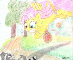 Size: 1280x1039 | Tagged: safe, artist:pianoflagerag, imported from derpibooru, fluttershy, pegasus, pony, raccoon, atg 2021, bag, bandage, blood, emergency, flying, forest, injured, lying down, newbie artist training grounds, on back, path, swollen, traditional art