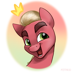 Size: 2048x2048 | Tagged: safe, artist:pfeffaroo, imported from derpibooru, sprout cloverleaf, earth pony, pony, bust, g5, gradient background, high res, male, portrait, smiling, solo, sprout (g5), stallion