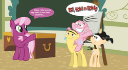 Size: 1201x665 | Tagged: safe, artist:swiftgaiathebrony, derpibooru exclusive, imported from derpibooru, cheerilee, earth pony, pony, unicorn, :p, classroom, crossover, ed, ed (ed edd n eddy), ed edd n eddy, edd, eddy, eddy (ed edd n eddy), female, male, open mouth, ponified, school, speech bubble, teeth, tongue out