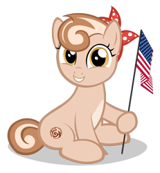 Size: 2720x2940 | Tagged: safe, artist:strategypony, imported from derpibooru, oc, oc:cinnamon spangled, earth pony, pony, 4th of july, american flag, american independence day, bandana, cute, female, filly, flag, foal, high res, holding a flag, holiday, looking at you, united states