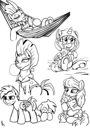 Size: 1116x1579 | Tagged: safe, artist:dsana, imported from derpibooru, tempest shadow, oc, oc:fireweed, oc:lullaby dusk, oc:rust wing, oc:thistledown, earth pony, pegasus, pony, unicorn, comic:a storm's lullaby, bubblegum, clothes, crying, cuddling, female, food, gum, hammock, hoodie, jacket, male, mare, monochrome, stallion