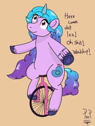 Size: 2304x3072 | Tagged: safe, artist:piropie, imported from derpibooru, izzy moonbow, pony, unicorn, bipedal, dat boi, female, g5, high res, meme, pun, simple background, solo, text, unicycle, vulgar