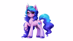 Size: 3840x2160 | Tagged: safe, artist:confetticakez, imported from derpibooru, izzy moonbow, pony, unicorn, blushing, bracelet, chest fluff, cute, ear fluff, eyelashes, female, g5, high res, hoof fluff, izzybetes, jewelry, looking at you, mare, my little pony: a new generation, raised hoof, simple background, smiling, solo, unshorn fetlocks, white background