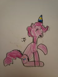 Size: 3024x4032 | Tagged: safe, artist:joeydr, imported from derpibooru, pinkie pie, earth pony, pony, atg 2021, eyes closed, female, hat, mare, newbie artist training grounds, party hat, raised hoof, signature, solo