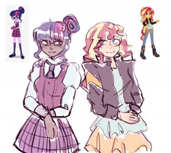 Size: 2048x1823 | Tagged: safe, artist:sunricello, imported from derpibooru, sci-twi, sunset shimmer, twilight sparkle, equestria girls, clothes, crystal prep academy uniform, dark skin, dress, female, glasses, human coloration, jacket, leather jacket, lesbian, looking at each other, necktie, school uniform, scitwishimmer, shipping, shirt, simple background, skirt, sunsetsparkle, vest, white background