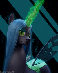 Size: 2000x2500 | Tagged: safe, artist:radiomann01, imported from derpibooru, queen chrysalis, changeling, changeling queen, 3d, bust, fangs, female, glowing horn, grin, high res, horn, looking at you, magic, mane, missing accessory, portrait, render, sharp teeth, simple background, smiling, solo, teeth, wings