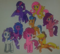 Size: 640x576 | Tagged: safe, artist:karadeg, derpibooru exclusive, imported from derpibooru, applejack, fluttershy, hitch trailblazer, izzy moonbow, pinkie pie, pipp petals, rarity, twilight sparkle, alicorn, g4, g4.5 to g4, g5, g5 to g4, g5 to g4.5, g5 to g4.5 to g4, my little pony: a new generation, twilight sparkle (alicorn)