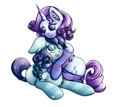 Size: 3848x3420 | Tagged: safe, artist:coco-drillo, imported from derpibooru, coloratura, rarity, earth pony, pony, unicorn, alternate hairstyle, chest fluff, clothes, ear fluff, female, floppy ears, high res, hug, hugging a pony, lesbian, looking down, looking up, lying down, mare, rarararara, shipping, simple background, sitting, socks, stockings, striped socks, thigh highs, transparent background