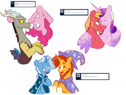 Size: 1280x960 | Tagged: safe, artist:chub-wub, imported from derpibooru, big macintosh, discord, pinkie pie, princess cadance, sunburst, trixie, alicorn, draconequus, earth pony, pony, unicorn, accessory swap, beard, cadmac, cape, cloak, clothes, discopie, eyes closed, facial hair, female, glasses, hat, hug, infidelity, male, mare, markings, nuzzling, open mouth, raised hoof, shipping, simple background, stallion, straight, sunburst's cloak, sunburst's glasses, trixburst, trixie's cape, trixie's hat, upsid, white background, winghug, wings